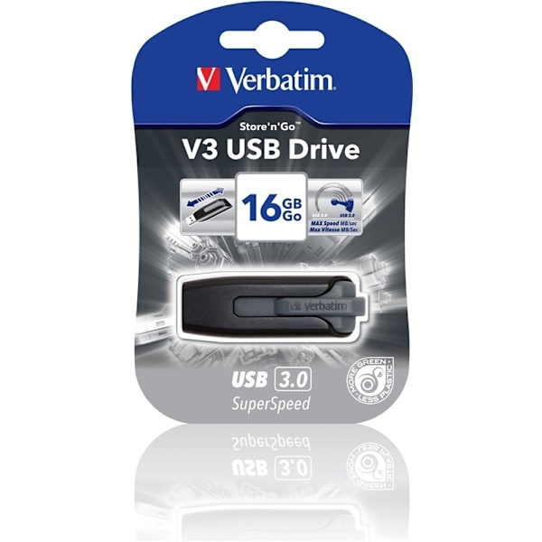 Verbatim USB 3.0 memory, Store'N'Go V3, <b>16GB</b>, sort/grå