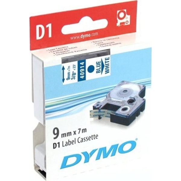 DYMO D1, markeringstape, 9mm, blå tekst på hvid tape, 7m - 40914