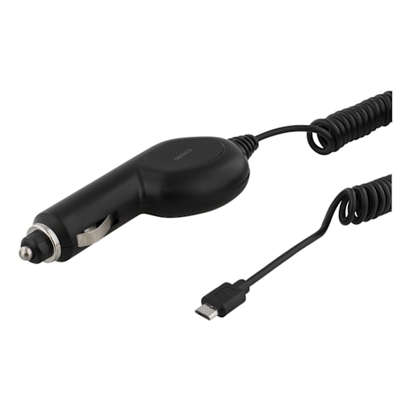 DELTACO Autolaturi, Micro USB, 1A, 12-24V, 1m kierrekaapeli, musta