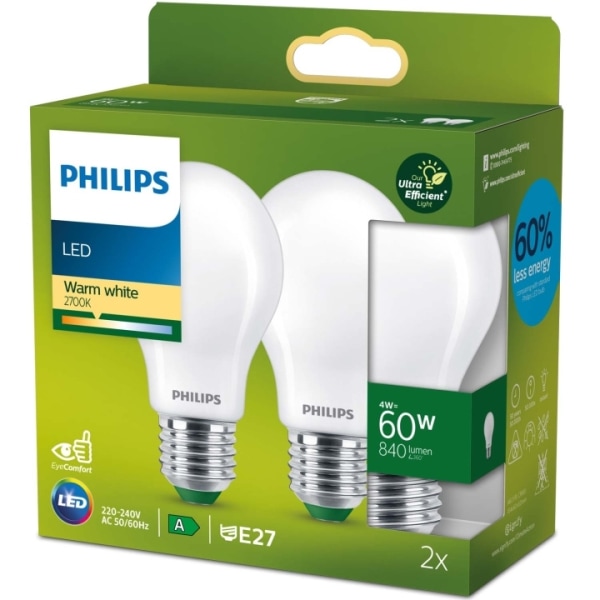 Philips 2-pak LED E27 Normal 4W (60W) Frosted 840lm 2700K Energi