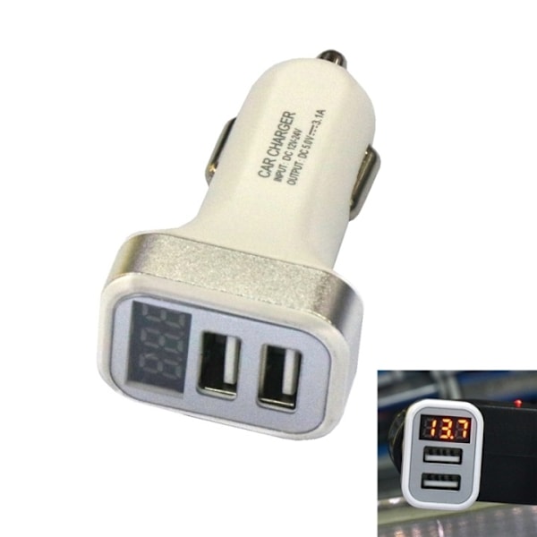 USB-autolaturi, jossa on 2 USB-porttia ja näyttö, hopea