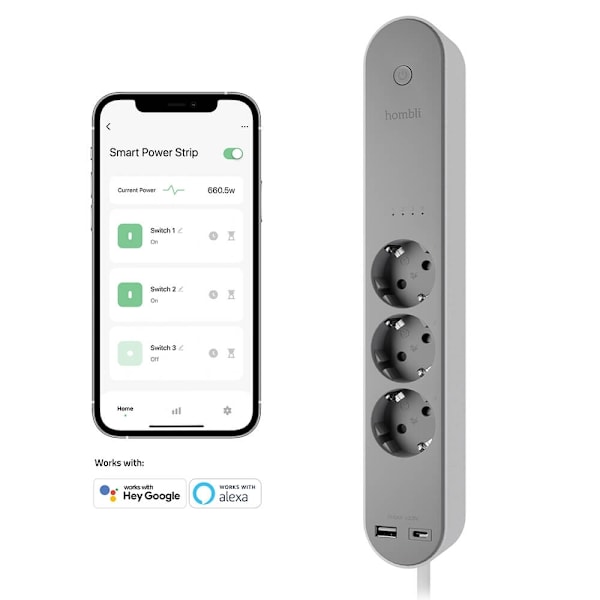 Hombli Smart Power Strip 3-way Grey USB-C & USB-A