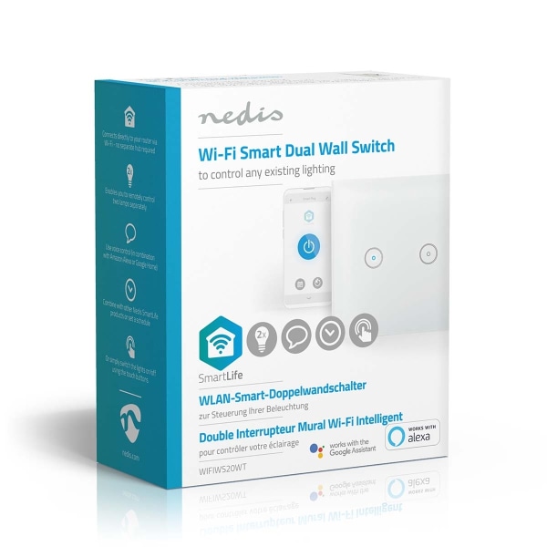 Nedis SmartLife Strömbrytare | Wi-Fi | Dubbel | Väggfäste | 1000 W | Androidâ„¢ / IOS | Glas | Vit