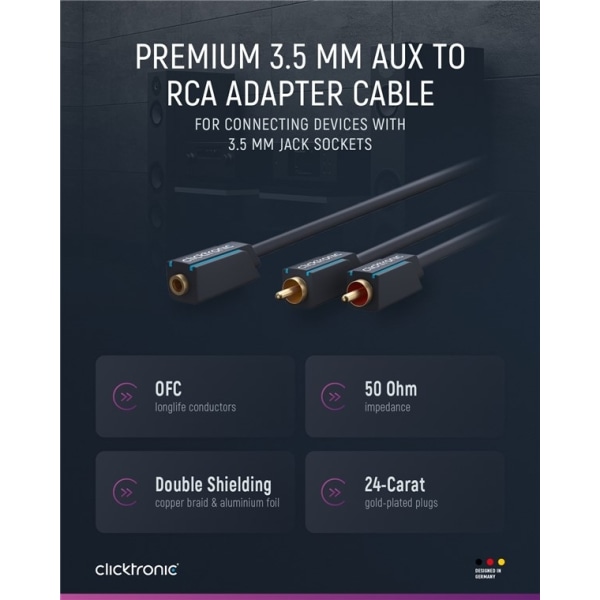 ClickTronic 3,5 mm AUX til RCA adapterkabel, Stereo Premium kabel