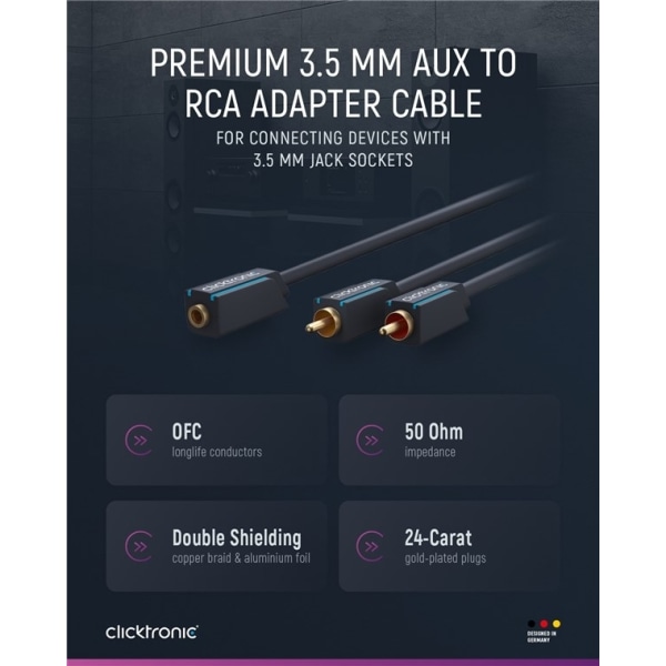 ClickTronic 3,5 mm AUX till RCA-adapterkabel, stereo Premium-kab