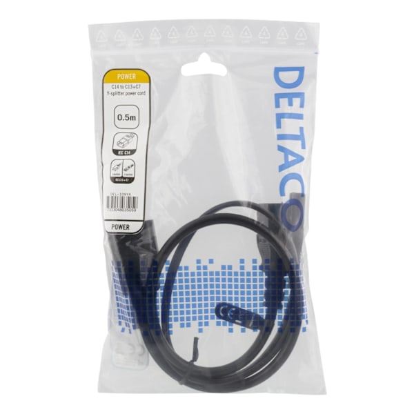 DELTACO sovitin C14 - C13+C7, 0,5m, musta