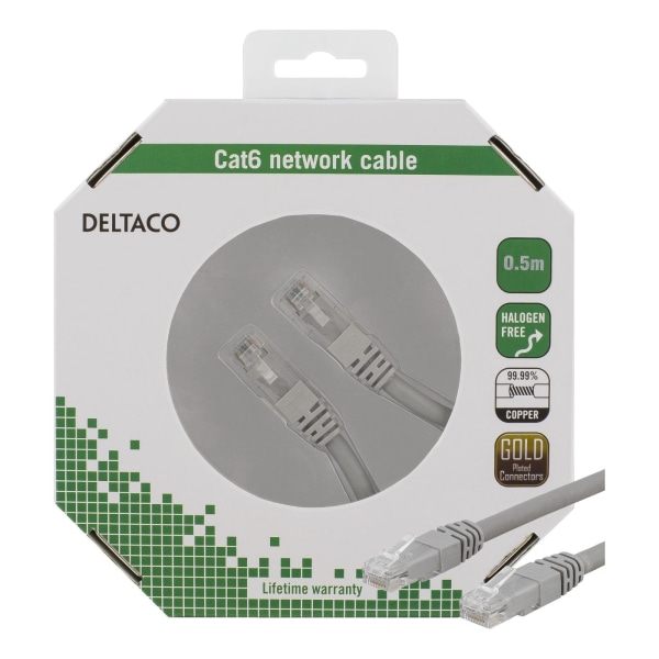 DELTACO U/UTP Cat6 patch cable, 0,5m, 250MHz, LSZH, gray