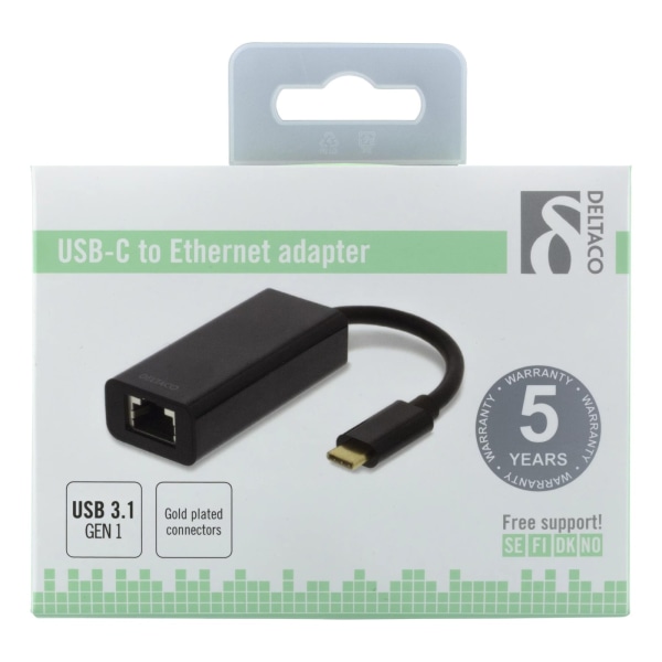 DELTACO, USB 3.1 netværksadapter, 1xRJ45, 1xUSB-C han, sort