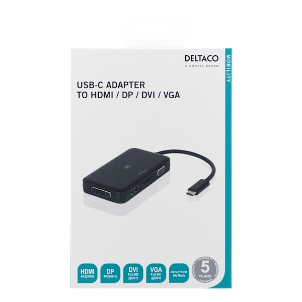 DELTACO USB-C till HDMI/DP/DVI/VGA-adapter, 4K, DP Alt Mode, svart