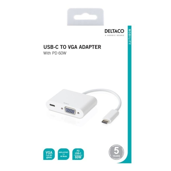 DELTACO USB-C docking station, VGA/USB-C, 60 W USB-C PD, white