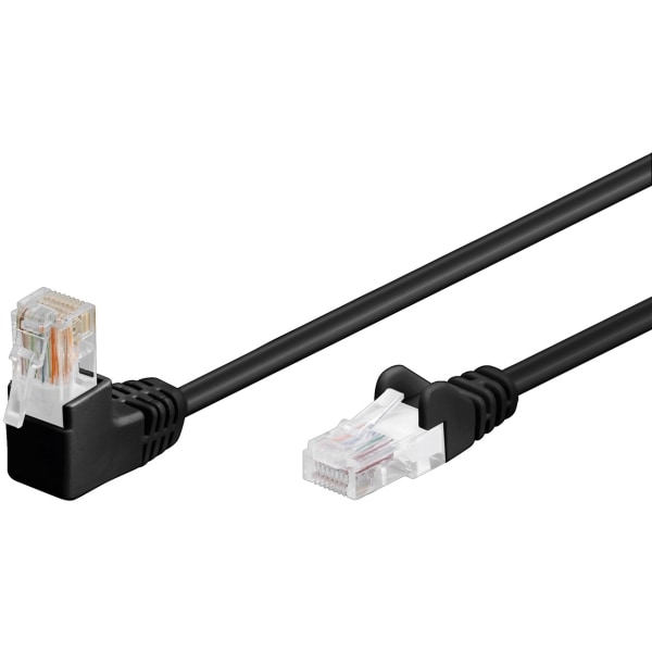 Goobay Patchkabel CAT 5e, 1x 90° vinklad, U/UTP, svart, 15 m kopparklädd aluminiumtråd (CCA), 1x RJ45-plugg 90 ° (8P8C)