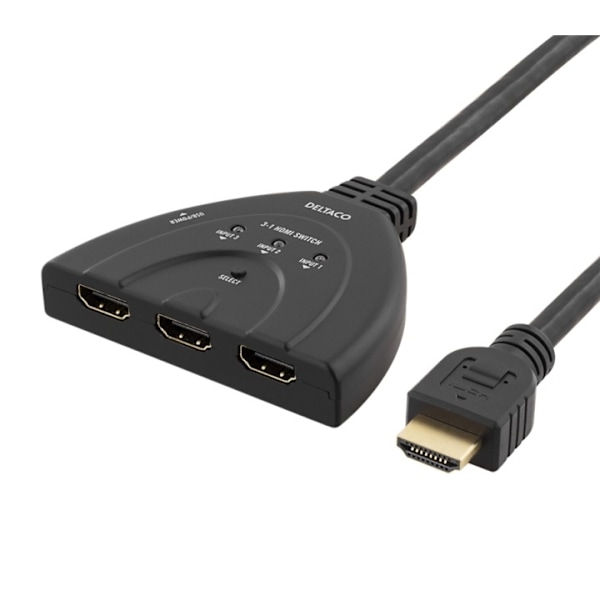 DELTACO HDMI-Switch, 3 ingångar till 1 utgång, 4K i 60Hz, 7.1, svart