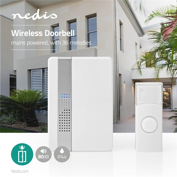 Nedis Trådlösa dörrklockan | Strömadapter | 220 - 240 V AC 50 Hz | 1x CR2032 | Volym: 80 dB | Signalområde: 300 m | IP44 | Justerbar volym | 36 Melodi