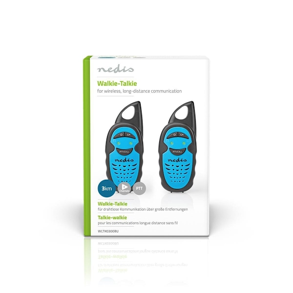 Nedis Walkie-talkie Set | 2 Håndsæt | Op til 3 km | Frekvens kanaler: 3 | PTT | Op til 3 Timer | Blå / Sort