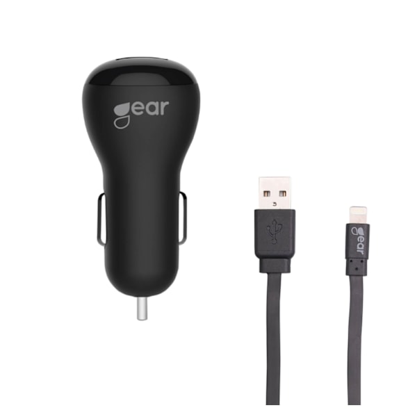 Gear Laddare 12-24V 2xUSB 2,4A Svart Lightning Kabel platt 1m MFI