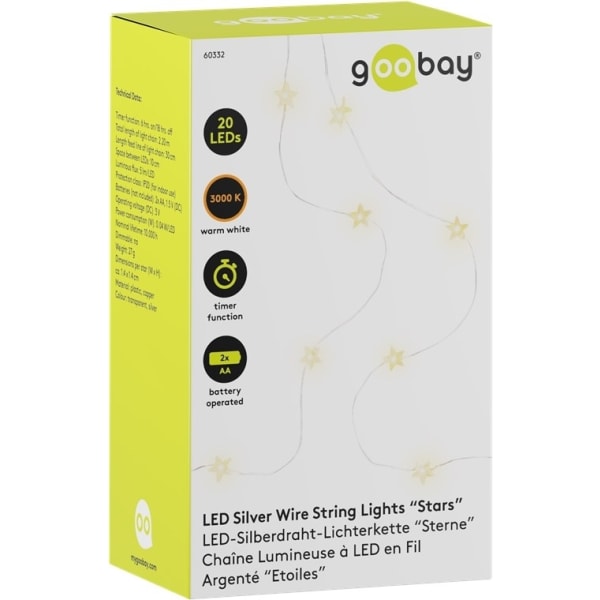 Goobay 20 LED ljusslinga med silvertråd "Stjärnor" med timerfunk