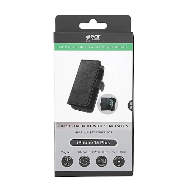GEAR Mobilcover 2i1 MagSerie 3 kort Genanvendt iPhone 15 Plus Sort Svart