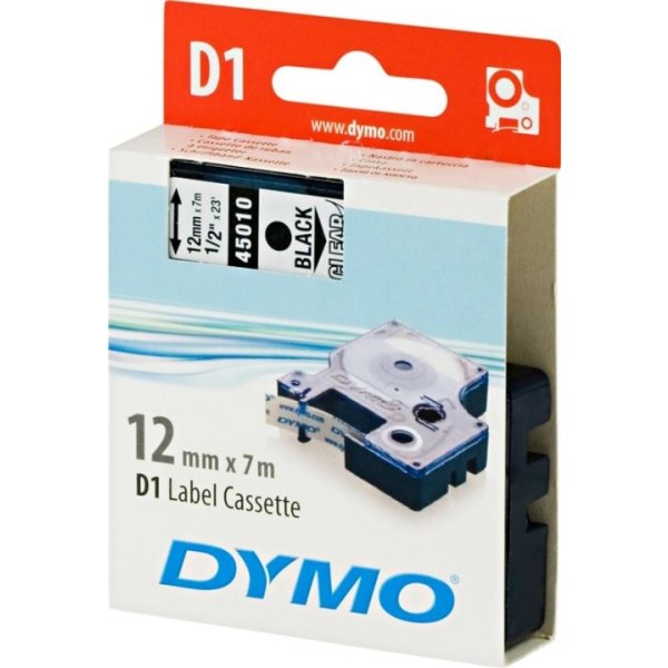 DYMO D1, markeringstape, 12mm, sort tekst på transparent tape, 7