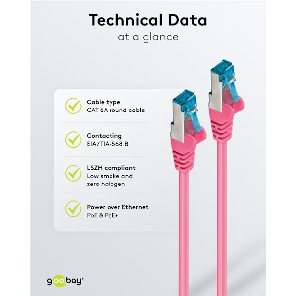 Goobay Netværkskabel CAT 6A, S/FTP (PiMF), magenta, 2 m kobberleder (CU), halogenfri kabelkappe (LSZH)