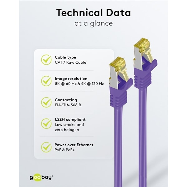 Goobay RJ45 netværkskabel S/FTP (PiMF), 500 MHz, med CAT 7 råkabel, violet, 7,5 m LSZH halogenfri kabelkappe, kobber, RJ45-hanstik (CAT 6A)