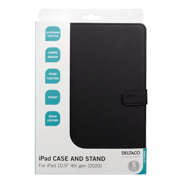 DELTACO iPad Air 4th gen 10.9" case, vegan leather, sleep/wake, stand Svart