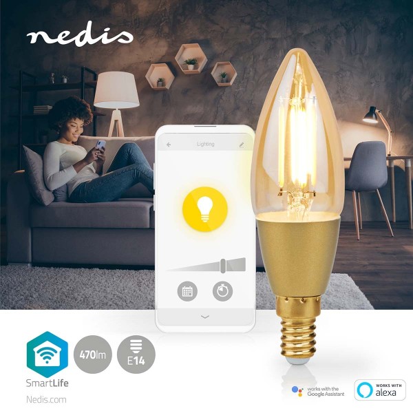 Nedis SmartLife LED Glødepære | Wi-Fi | E14 | 470 lm | 4.9 W | Varm Hvid | 1800 - 3000 K | Glas | Android™ / IOS | Stearinlys | 1 stk