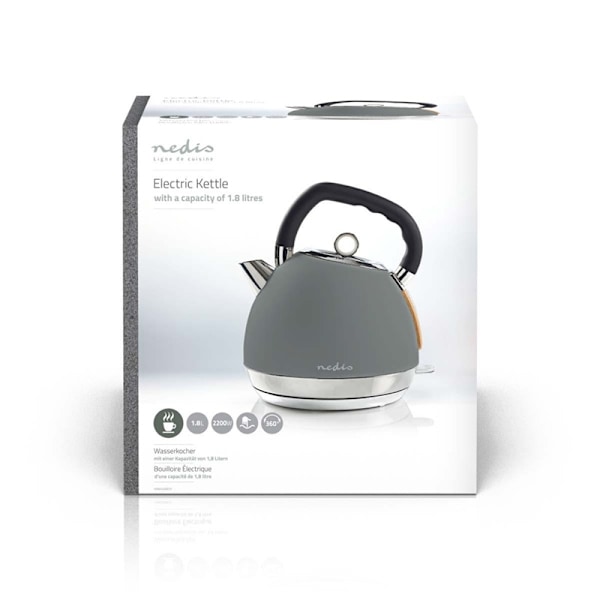 Nedis Elkedel | 1.8 l | Soft-Touch | Grå | Drejelig 360 grader | Skjult varmeelement | Strix®-controller | Beskyttelse mod kogetørring