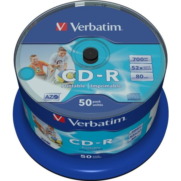 Verbatim CD-R, 52x, 700 MB/80 min, 50-pack, spindel, AZO, printable (43438)