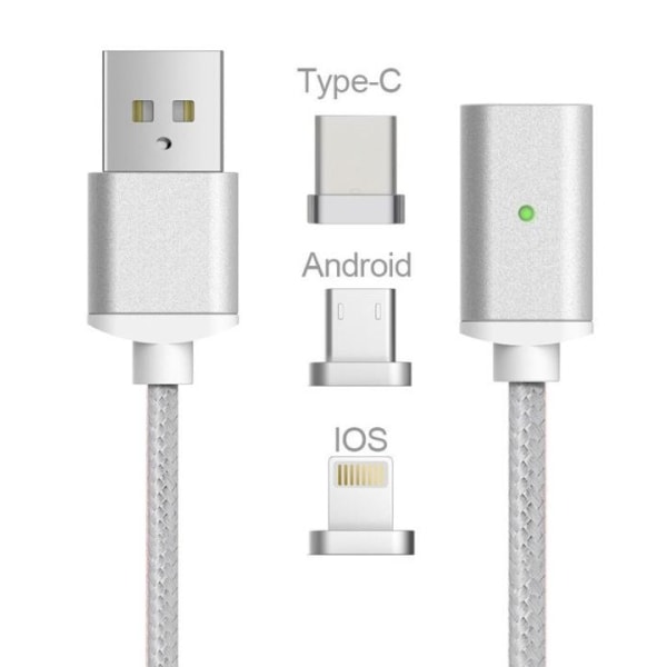 Magnetisk USB-kabel 3 i 1 - USB-C, Micro, Lightning (Silver)