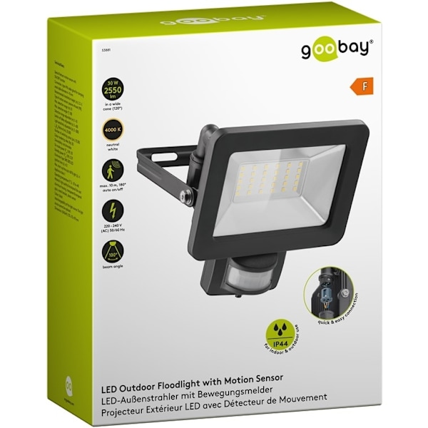 Goobay LED-strålkastare för utomhusbruk, 30 W, med rörelsedetektor med 2550 lm, neutralt vitt ljus (4000 K), PIR-sensor med ON/OFF-funktion och M16 ka