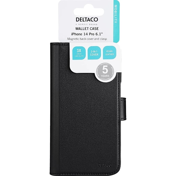 DELTACO iPhone 14 Pro wallet case 2-in-1, magnetic back cover Svart