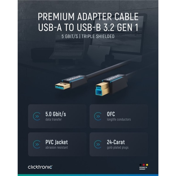 ClickTronic Adapterkabel fra USB-A til USB-B 3.0 Premium-kabel