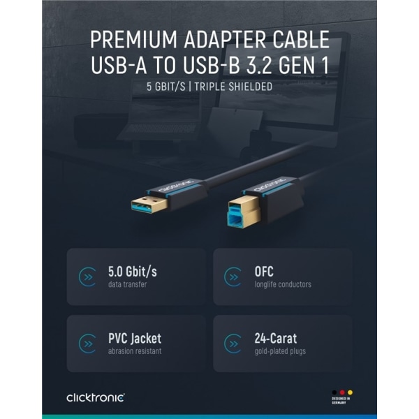 ClickTronic Adapterkabel från USB-A till USB-B 3.0 Premiumkabel | USB A-kontakt  USB B 3.0-kontakt | 0,5 m | 5 Gbit/s