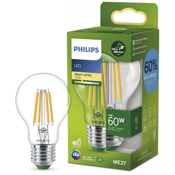 Philips LED E27 Normal 4W (60W) Klar 840lm 2700K Energiklass A