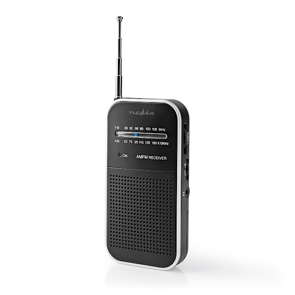 Nedis FM-radio | Bærbart design | AM / FM | Batteri | Analog | 1.5 W | Sort hvid skærm | Hovedtelefonudgang | IP20 | Aluminium / Sort