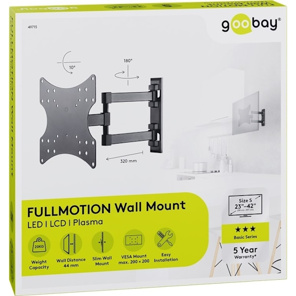 Goobay TV vægbeslag Basic FULLMOTION (S) til fjernsyn fra 23 til 42 tommer (58-107 cm), fuldt bevægeligt dobbeltarmled (drejelig og vippelig) op til 2