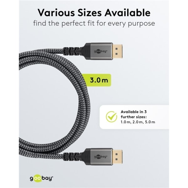 Goobay DisplayPort-kabel, DP 1.4, 3 m, Sharkskin Grey DisplayPor