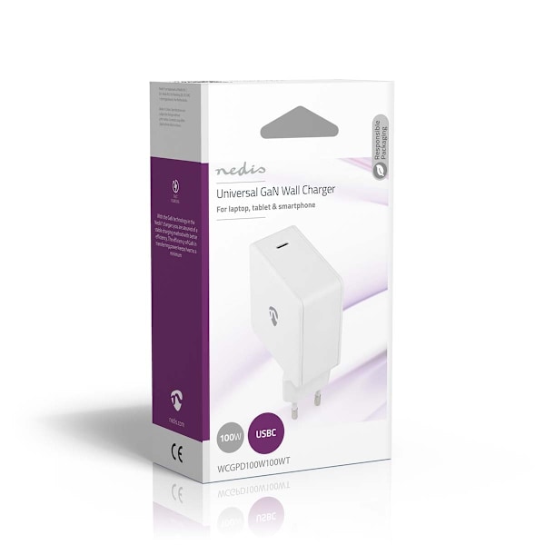Nedis Väggladdare | 100 W | GaN | PD3.0 100W / PD3.0 30W / PD3.0 45W / PD3.0 60W / PD3.0 65W | Snabbladdnings funktion | 3.0 / 5.0 A | Antal utgångar: