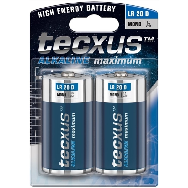 tecxus LR20/D (Mono) batteri, 2 st. blister alkaliskt manganbatteri, 1,5 V