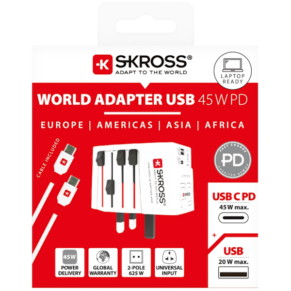 SKROSS Världsreseadapter MUV 1xUSB-C PD 1xUSB-A 45W Ojordad