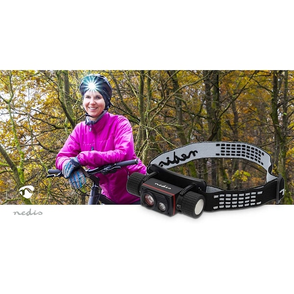 Nedis LED huvudlampa | Batteridriven / USB ström | 3.7 V DC | batterier medföljer | Uppladdningsbara | Angivet ljusflöde: 1000 lm | Belysningsräckvidd