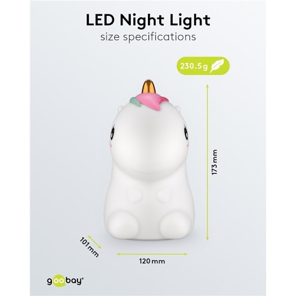 Goobay LED-vågelampe "Enhjørning" varmt hvidt lys og 7 skiftende farver (RGB-lys), med 3 lystilstande, berøringssensor og Li-ion-batteri (3,7 V/1200 m