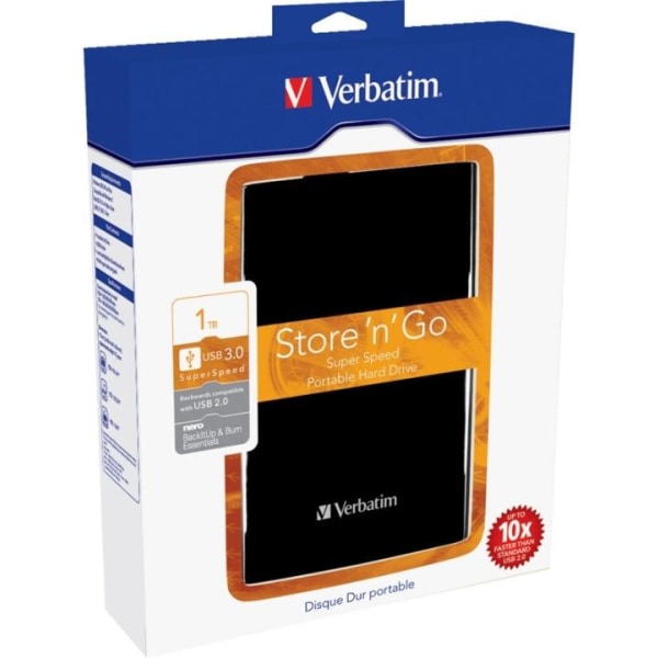 Verbatim Store'n'Go, ekstern harddisk, 1TB, 2,5", USB 3.0, sort