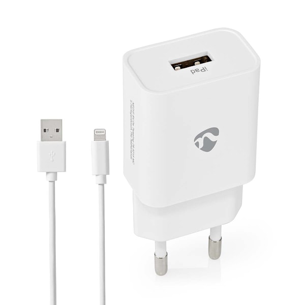 Nedis Väggladdare | 12 W | Snabbladdnings funktion | 1x 2.4 A A | Antal utgångar: 1 | USB-A | Lightning 8-Pin (Lös) Kabel | 1.00 m | Single Voltage Ou