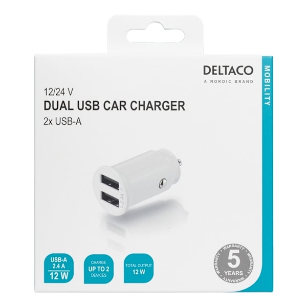 DELTACO 12/24 V USB-billaddare, dubbla USB-A portar, 2.4 A, 12 W, vit