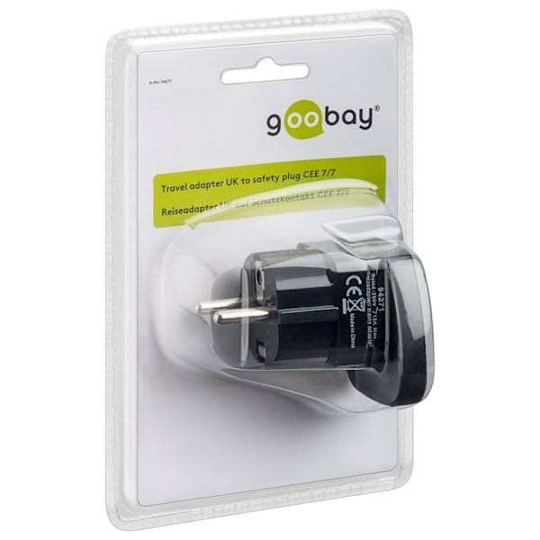 Goobay Reseadapter Storbritannien till EU, svart UK-uttag > stickkontakt med skyddsjord (typ F, CEE 7/7)
