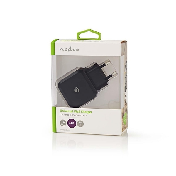 Nedis Väggladdare | 24 W | Snabbladdnings funktion | 2x 2.4 A A | Antal utgångar: 2 | 2x USB-A | Utan kabel | Single Voltage Output