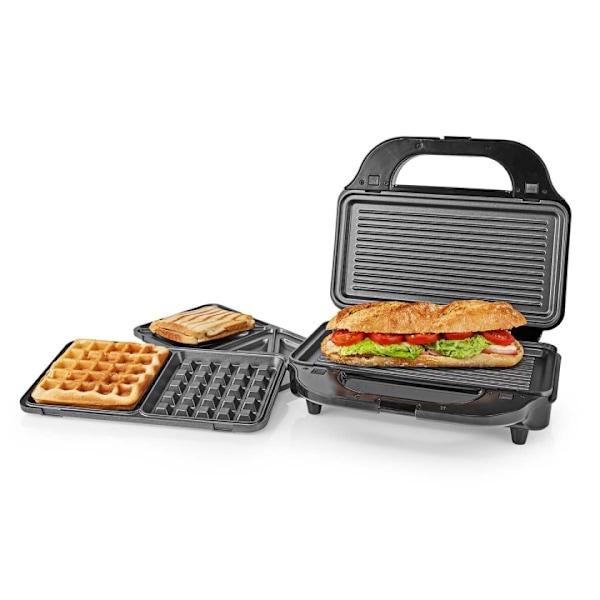 Nedis Multi grilli | Grilli / Sandwich / Waffle | 900 W | 28 x 15 cm | Automaattisella lämpötilan ohjauksella | Muovi / Ruostumaton Teräs