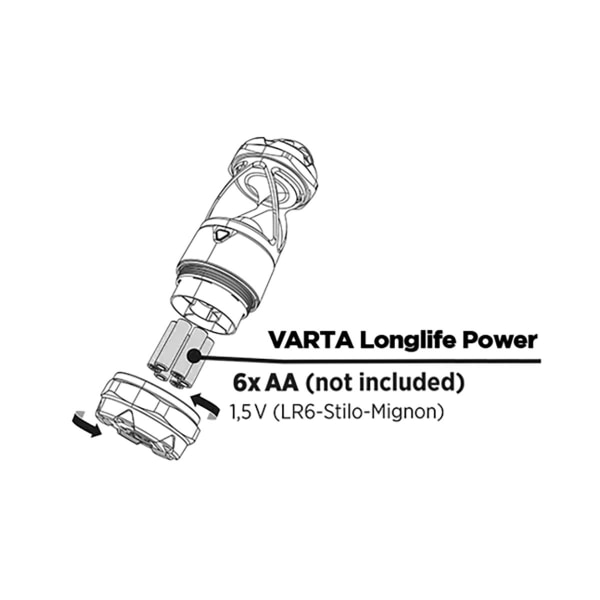 Varta LED lygte | Batteri | 6x AA/LR6 | Nominel lysstrøm: 450 lm | Lysområde: 20 m | Stråler Vinkel: 360 °