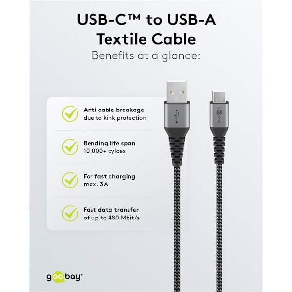 Goobay USB-C™ till USB-A textilkabel med metallkontakter 1 m elegant och extra robust anslutningskabel för enheter med USB-C™-port